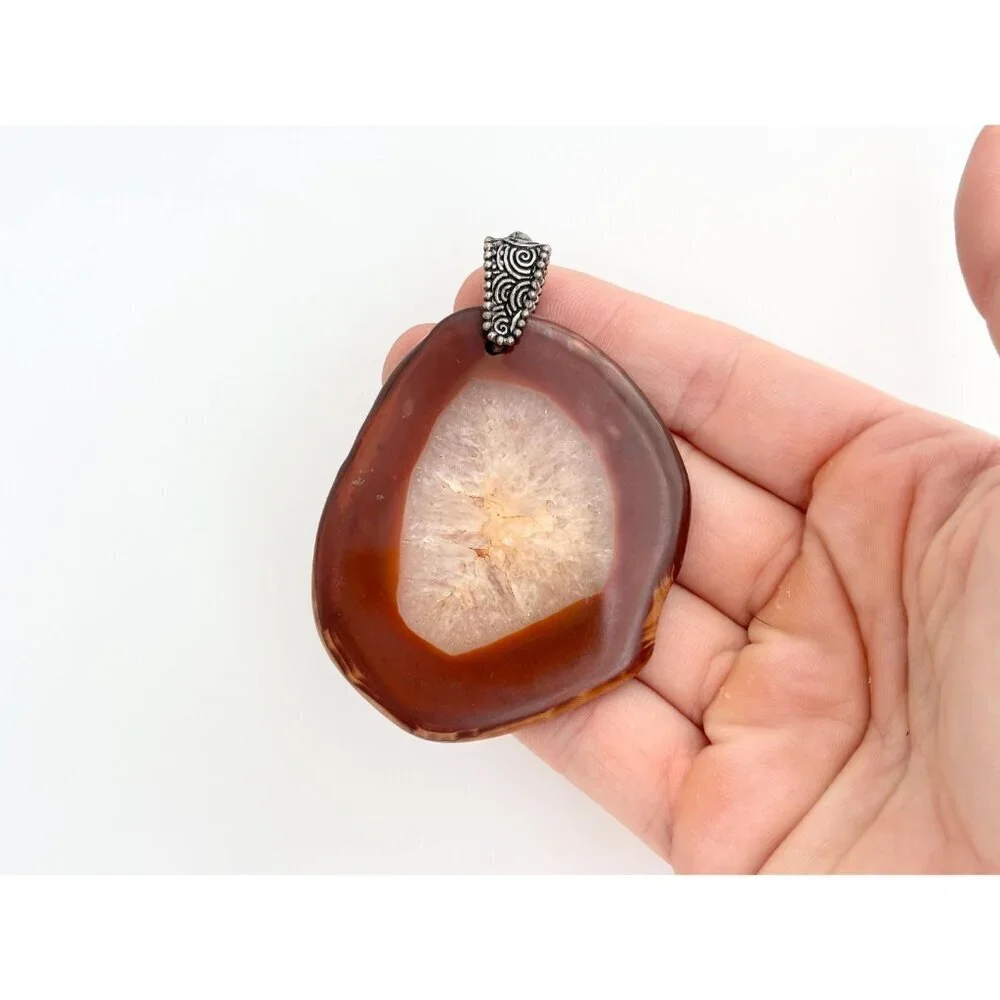 Polished Brown Crystal Free-Form Shaped Large Silver Toned Vintage Pendant